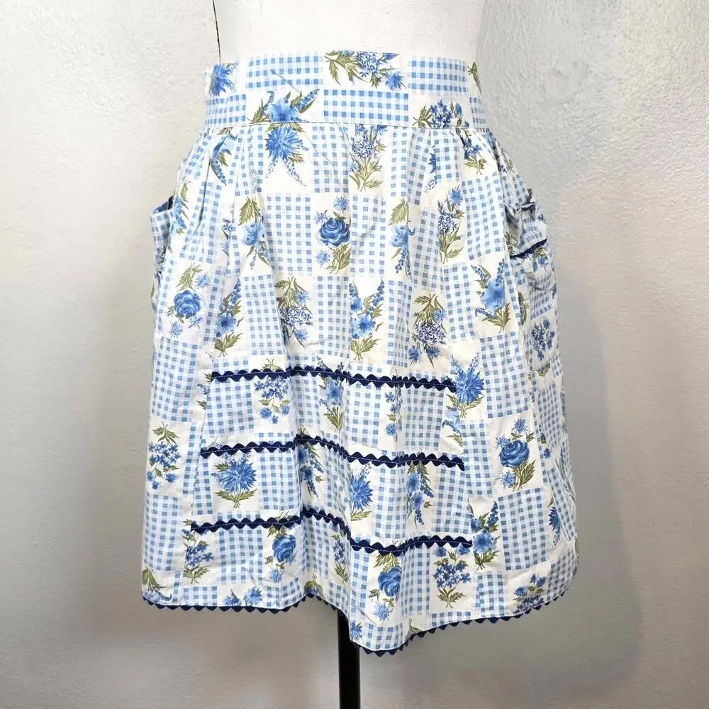 Vintage Half Apron Blue Gingham Floral Patchwork Tie Back Classic 60s 50s Retro